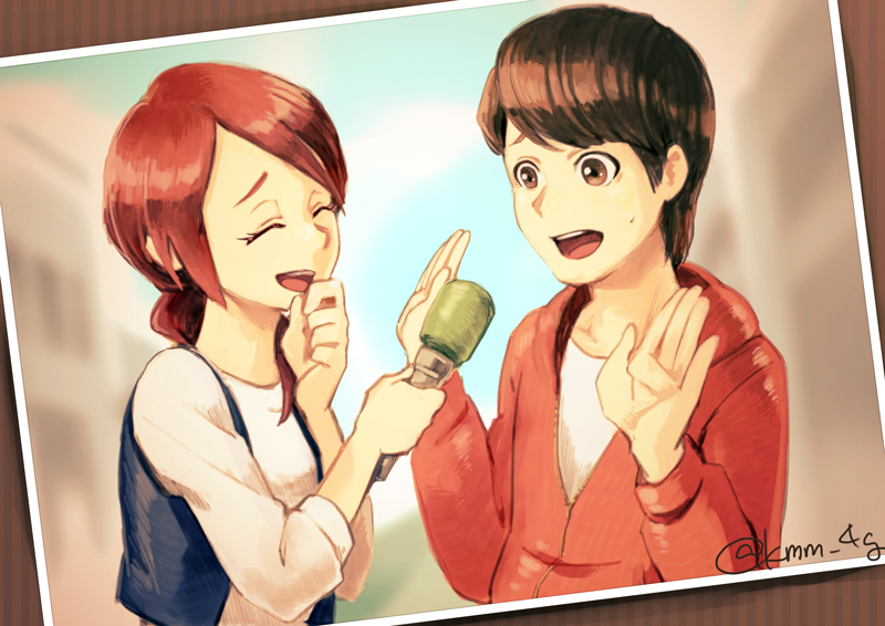 1boy, 1girl, ^_^, asymmetrical_bangs, bangs, brown_hair, closed_eyes, commentary_request