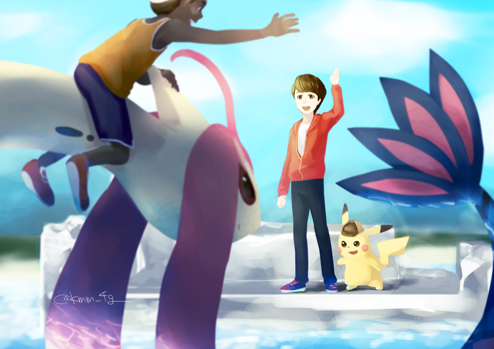 2boys, :d, brown_eyes, brown_hair, commentary_request, creature, dark_skin, dark_skinned_male, deerstalker, detective_pikachu, detective_pikachu_(character), detective_pikachu_(game), eye_contact, gen_1_pokemon, gen_3_pokemon, hat, hatted_pokemon, looking_at_another, milo_green, milotic, multiple_boys, open_mouth, pikachu, pokemon, pokemon_(creature), pokemon_(game), riding, riding_pokemon, signature, smile, standing, tim_goodman, waving