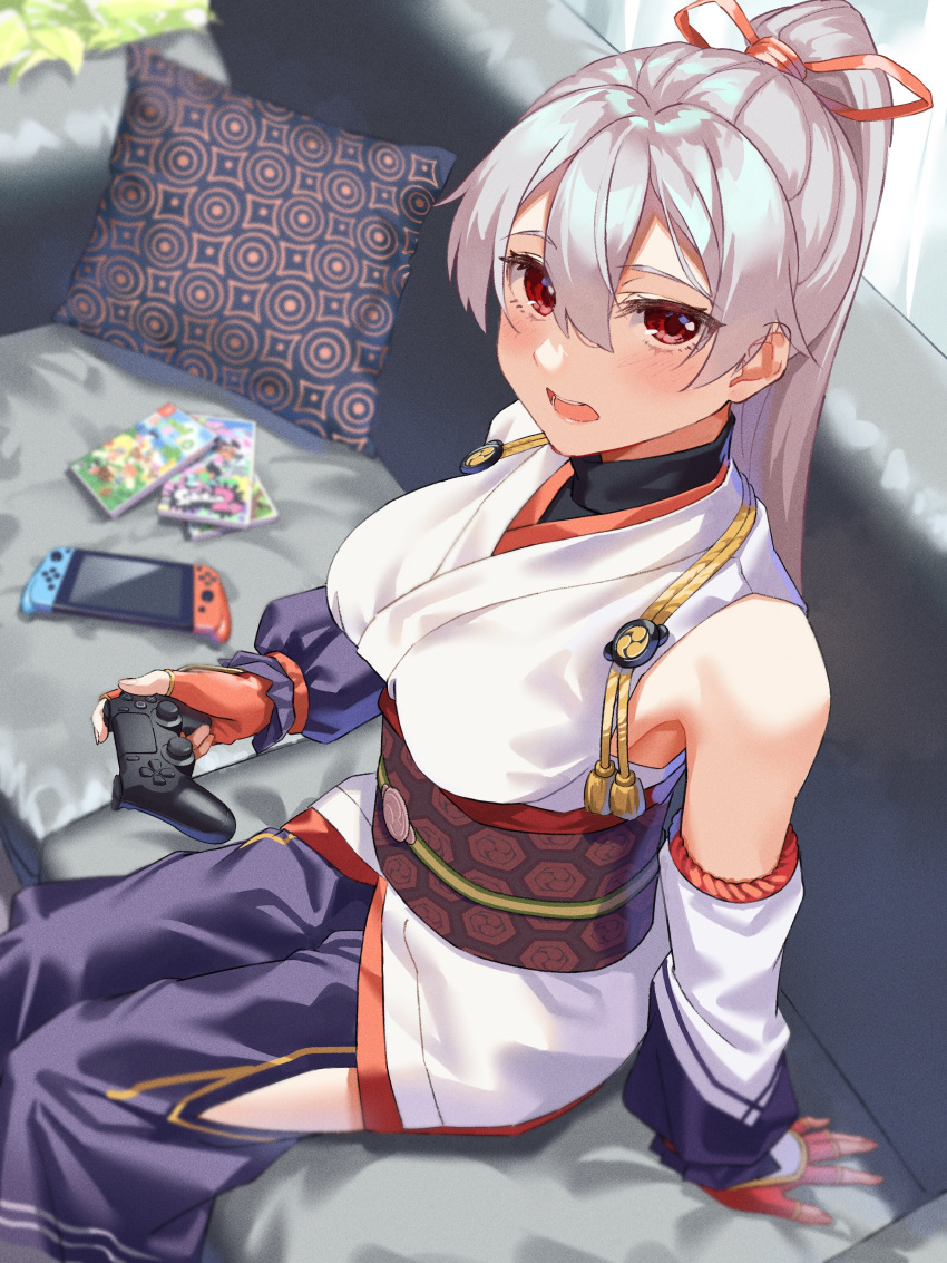1girl, absurdres, bangs, blue_hakama, blush, breasts, controller, couch