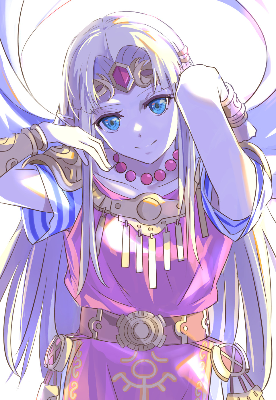 1girl, armpit_peek, arms_up, bangs, bead_necklace, beads, belt, blonde_hair