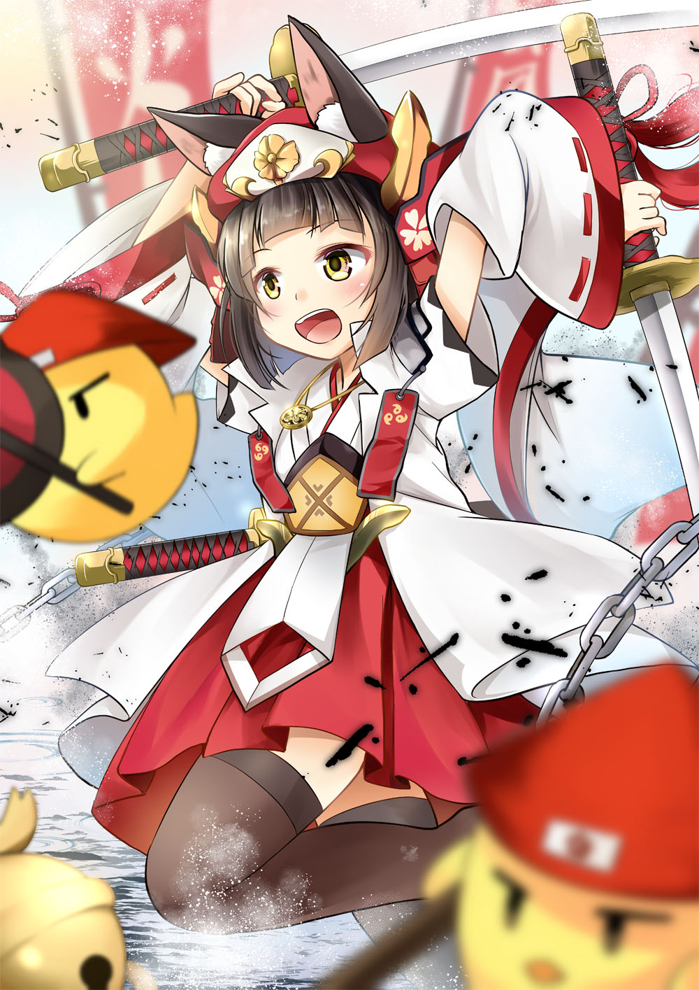 1girl, :d, animal_ear_fluff, animal_ears, arms_up, azur_lane, bangs, banner, bell, bird, black_hair, black_legwear, blurry_foreground, blush, chain, chick, commentary_request, cowboy_shot, detached_sleeves, eyebrows_visible_through_hair, flat_chest, fox_ears, hair_ornament, hat, helmet, highres, holding, holding_sword, holding_weapon, japanese_clothes, jewelry, katana, kimono, looking_to_the_side, magatama_print, manjuu_(azur_lane), mutsu_(azur_lane), mutsu_(warring_states_warship)_(azur_lane), necklace, open_mouth, red_skirt, ribbon-trimmed_sleeves, ribbon_trim, rice_hat, sakuramon, sheath, sheathed, short_hair, short_sleeves, sidelocks, skirt, smile, solo_focus, standing, sword, thigh-highs, upper_teeth, weapon, white_background, white_kimono, white_sleeves, wide_sleeves, yellow_eyes, yozuki_shokora, zettai_ryouiki