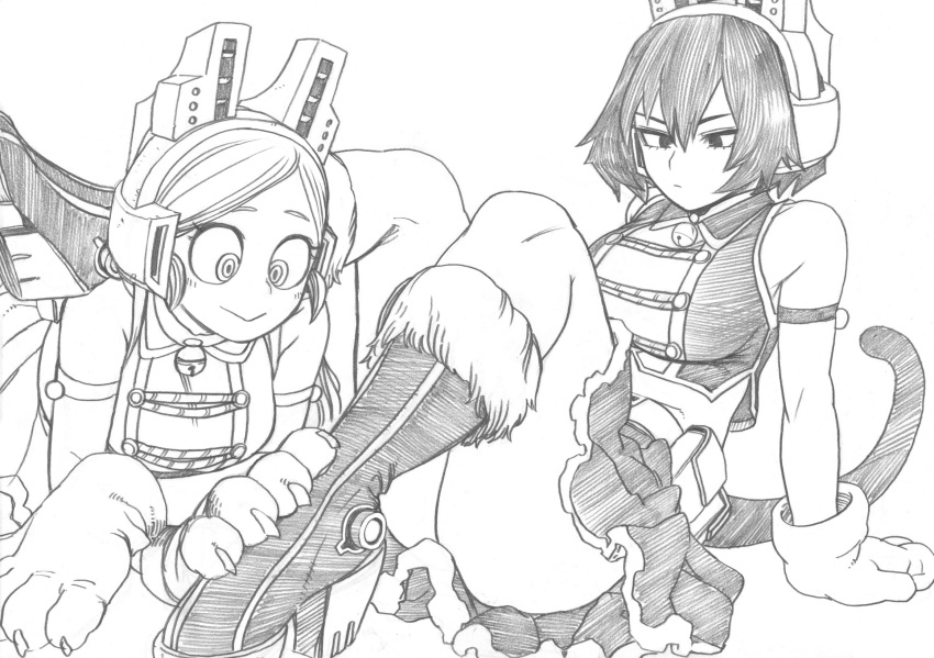 2girls, :>, animal_ears, arm_support, armband, bangs, bare_shoulders, bell
