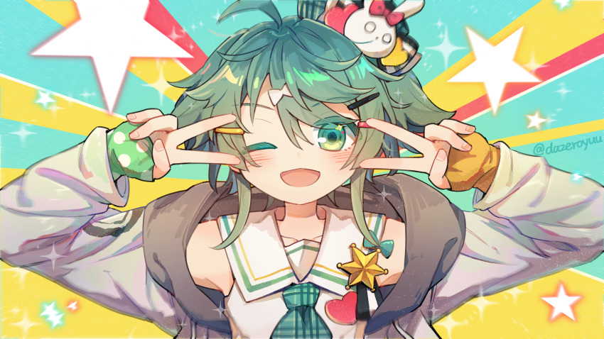 1boy, ;d, ahoge, bangs, bare_shoulders, blush, collarbone, commentary_request