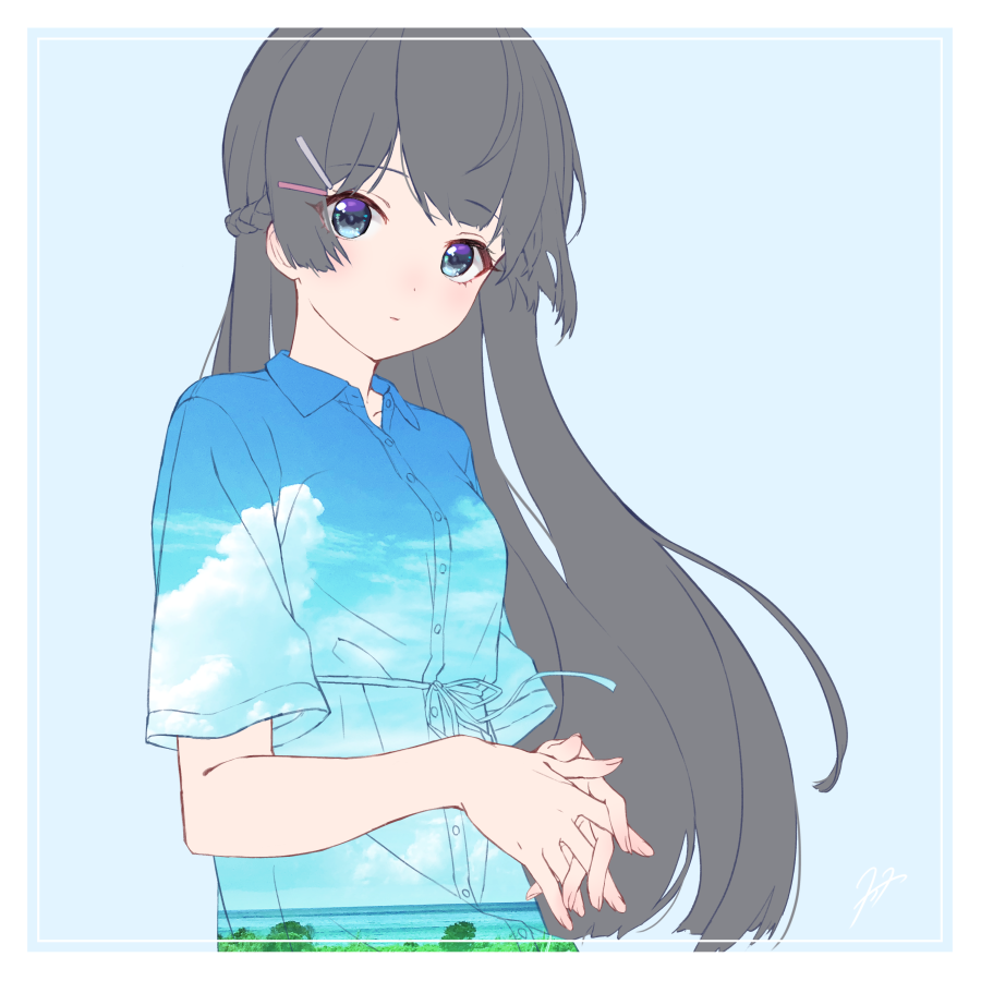 1girl, bangs, black_hair, blue_background, blue_eyes, blush, braid, closed_mouth