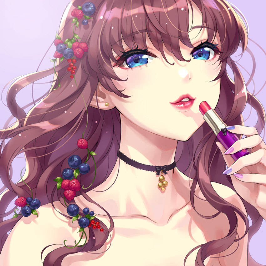 1girl, bangs, bare_shoulders, black_bow, blue_eyes, blueberry, blush, bow, bow_choker, brown_hair, choker, collarbone, ear_piercing, eyebrows_visible_through_hair, food, fruit, gradient, gradient_background, hair_between_eyes, hair_fruit, highres, holding_lipstick_tube, ichinose_shiki, idolmaster, idolmaster_cinderella_girls, lipstick, lipstick_tube, long_hair, looking_at_viewer, makeup, multicolored, multicolored_nails, nail_polish, nishimura_eri, parted_lips, piercing, pink_nails, plant, purple_nails, raspberry, smile, solo, upper_body, vines