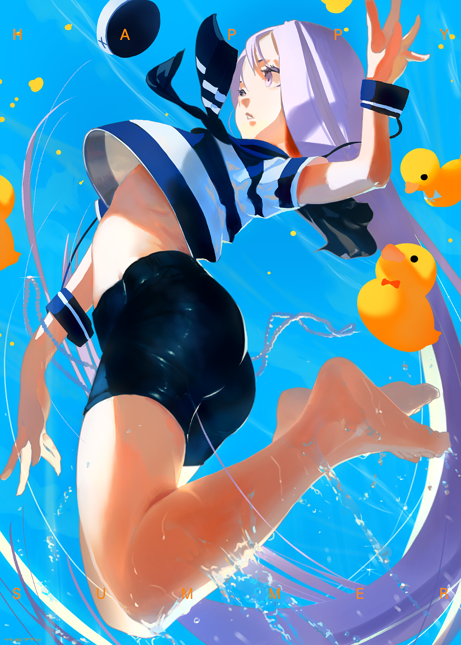1girl, ass, barefoot, blue_background, costor32, english_text, glint, highres