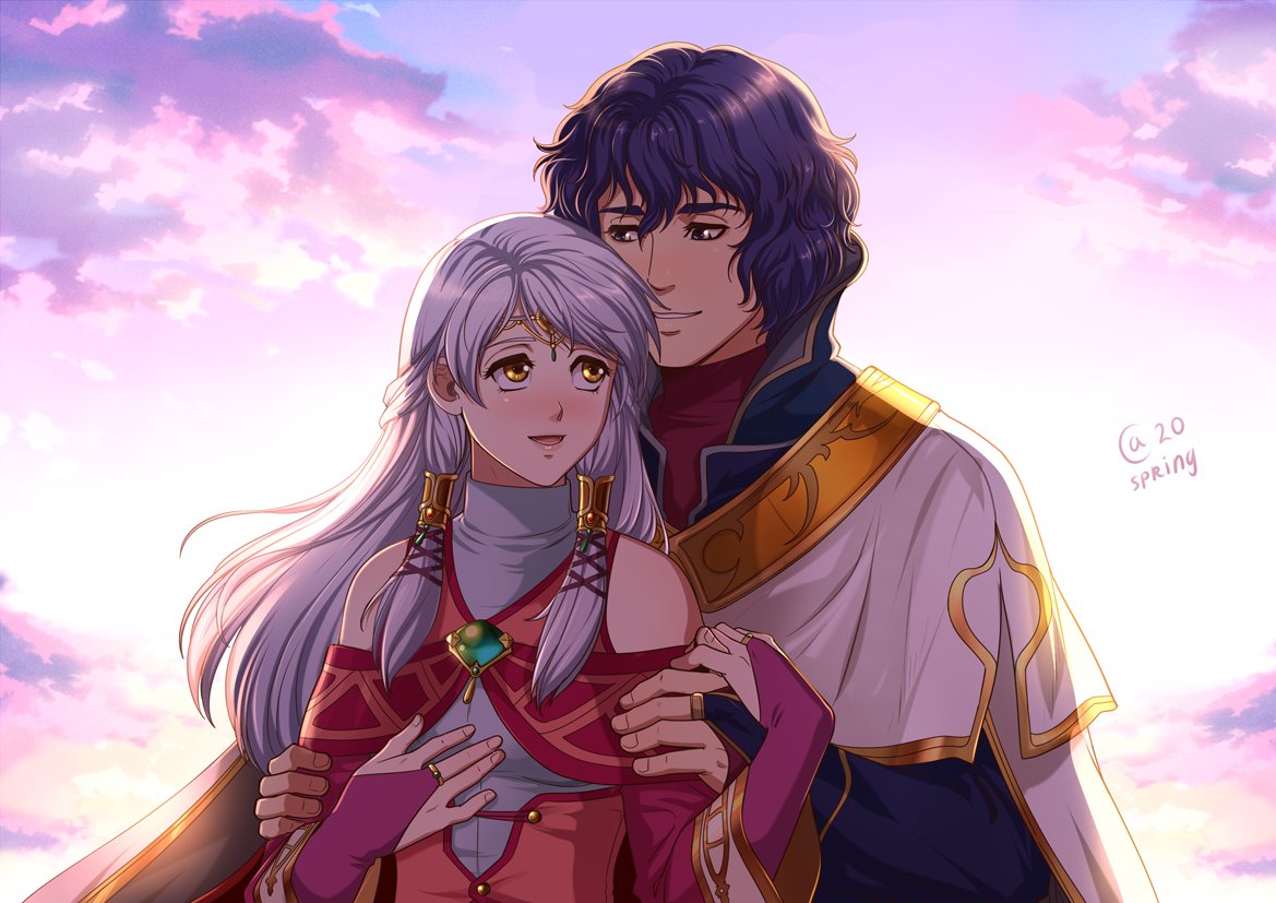 1boy, 1girl, autumnsacura, backlighting, bangle, bare_shoulders, bloom, blue_eyes, blue_hair, bracelet, bridal_gauntlets, cape, circlet, clouds, cloudy_sky, couple, day, fire_emblem, fire_emblem:_radiant_dawn, half_updo, hetero, jewelry, long_hair, looking_at_another, micaiah_(fire_emblem), pelleas_(fire_emblem), silver_hair, sky, smile, turtleneck_dress, wide_sleeves, yellow_eyes