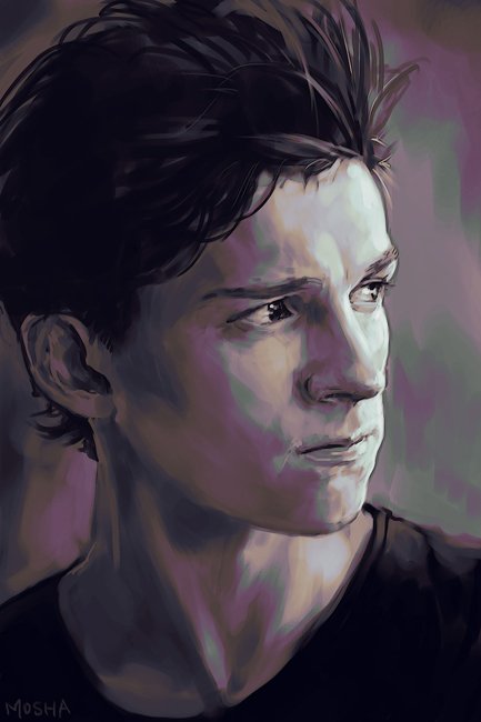1boy, closed_mouth, face, greyscale, hankuri, looking_away, male_focus, monochrome, peter_parker, realistic, shirt, short_hair, solo, spider-man:_far_from_home, spider-man_(series), tom_holland