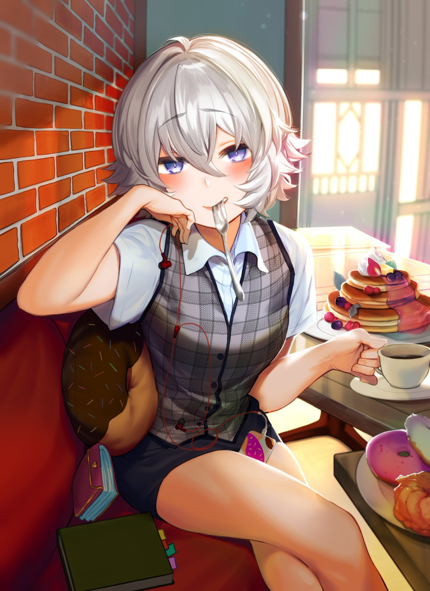 1girl, ahoge, akagi_asahito, bangs, blush, book, brick_wall, cafe, chin_rest, couch, cream, crossed_legs, cup, dessert, doughnut, doughnut_pillow, dress_shirt, dust_particles, earphones, earphones_removed, elbow_rest, eyebrows_visible_through_hair, food, fork, fork_in_mouth, formal, fruit, hair_between_eyes, hand_on_own_cheek, highres, holding, holding_cup, indoors, kirigiri_saori, looking_at_viewer, morning, office_lady, pancake, phone, plaid, saucer, shirt, short_hair, short_sleeves, shounen_chotto_sabotteko!, silver_hair, sitting, skirt_suit, smirk, smug, solo, suit, sunlight, table, teacup, violet_eyes, waistcoat, wallet