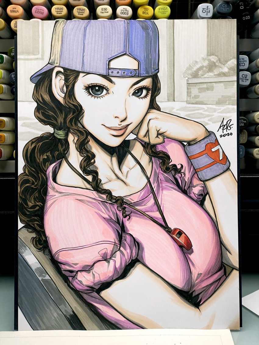 1girl, ayako_(slam_dunk), backwards_hat, baseball_cap, blue_eyes, blue_headwear, breasts, brown_hair, closed_mouth, commentary, dated, english_commentary, eyelashes, hand_on_own_cheek, hat, highres, lips, long_hair, looking_at_viewer, medium_breasts, photo, pink_shirt, ponytail, shirt, short_sleeves, sidelocks, signature, slam_dunk, smile, solo, stanley_lau, sweatband, thick_lips, traditional_media, upper_body, wavy_hair, whistle, whistle_around_neck, wristband