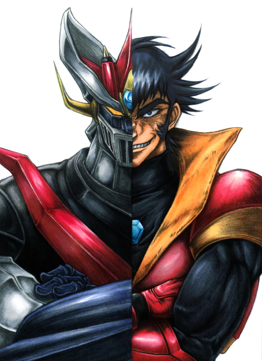 1boy, absurdres, biceps, black_eyes, black_hair, crossed_arms, great_mazinger_(robot), highres