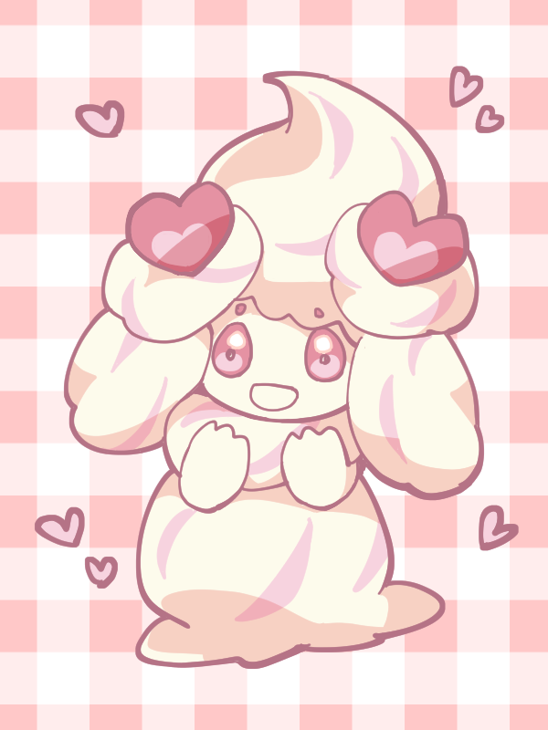 :d, alcremie_(love_sweet), alcremie_(vanilla_cream), commentary_request, creature, full_body, heart, hime_takeo