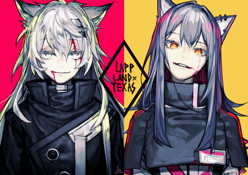 2girls, absurdres, animal_ear_fluff, animal_ears, arknights, bangs, blood, blood_from_mouth, blood_on_face, character_name, closed_mouth, earrings, eyebrows_visible_through_hair, flipped_hair, grey_eyes, hair_between_eyes, hair_ornament, hair_strand, hairclip, head_tilt, highres, huge_filesize, id_card, jewelry, lappland_(arknights), long_hair, looking_at_viewer, multiple_girls, parted_lips, red_background, rem_(hinotomi), sanpaku, scar, scar_across_eye, side-by-side, silver_hair, simple_background, single_earring, smile, texas_(arknights), turtleneck, two-tone_background, upper_body, wolf_ears, yellow_background, yellow_eyes