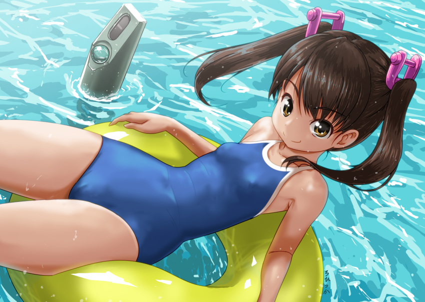 1girl, artist_name, bangs, blue_swimsuit, breasts, brown_eyes, brown_hair, collarbone, commentary_request, floating, hair_ornament, innertube, looking_at_viewer, medium_hair, ocean, one-piece_swimsuit, original, periscope, rohitsuka, school_swimsuit, signature, small_breasts, smile, solo, swept_bangs, swimsuit, twintails