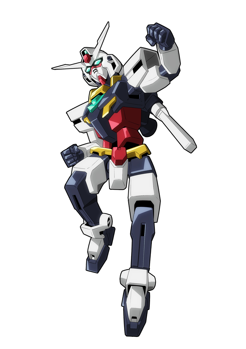 clenched_hands, core_gundam, fist_pump, green_eyes, gundam, gundam_build_divers, gundam_build_divers_re:rise, highres, jumping, mecha, no_humans, robot, solo, v-fin, white_background, yu-fukaya-p