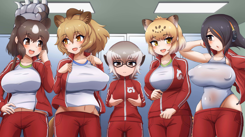 5girls, absurdres, animal_ears, arm_up, bangs, bare_arms, bare_shoulders, bear_ears