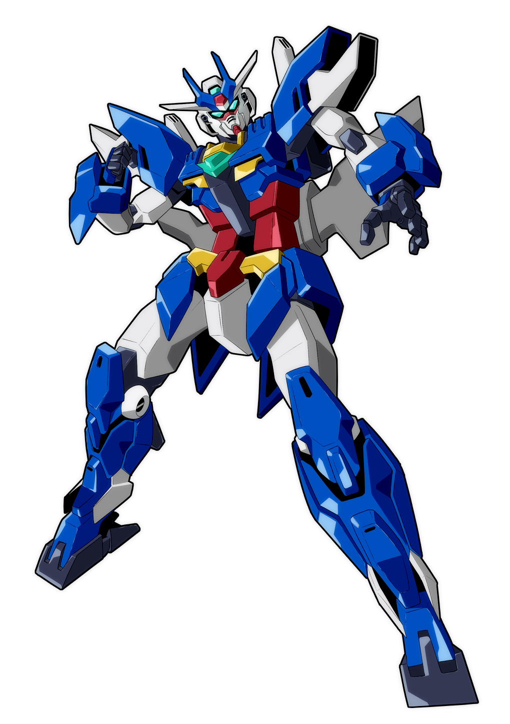 clenched_hand, dynamic_pose, earthree_gundam, green_eyes, gundam, gundam_build_divers, gundam_build_divers_re:rise, highres, looking_at_viewer, mecha, no_humans, open_hand, solo, v-fin, white_background, yu-fukaya-p