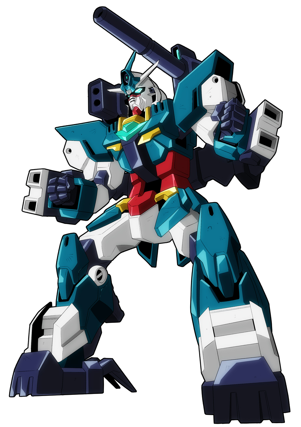 cannon, clenched_hands, fighting_stance, green_eyes, gundam, gundam_build_divers, gundam_build_divers_re:rise, highres, looking_ahead, mecha, missile_pod, no_humans, solo, veetwo_gundam, white_background, yu-fukaya-p