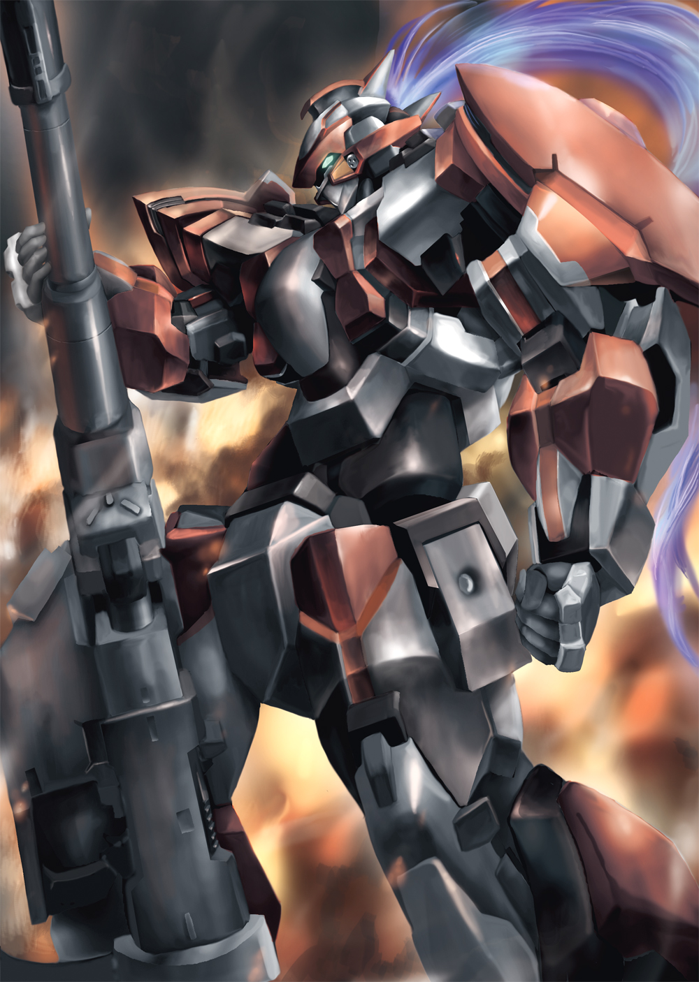arx-8_laevatein, clenched_hand, explosion, from_side, full_metal_panic!, green_eyes, gun, highres