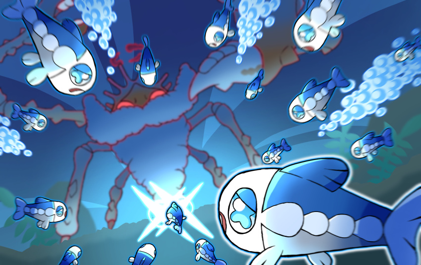 beard, blue_eyes, bubble, commentary_request, creature, dutch_angle, facial_hair, fish
