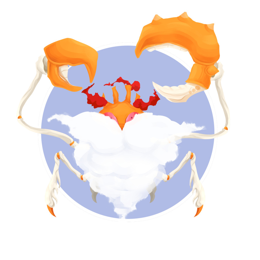 blue_background, commentary, crab, creature, english_commentary, full_body, gen_1_pokemon, gigantamax, gigantamax_kingler, highres, hydroflorix, kingler, looking_at_viewer, no_humans, pokemon, pokemon_(creature), simple_background, solo, standing, violet_eyes