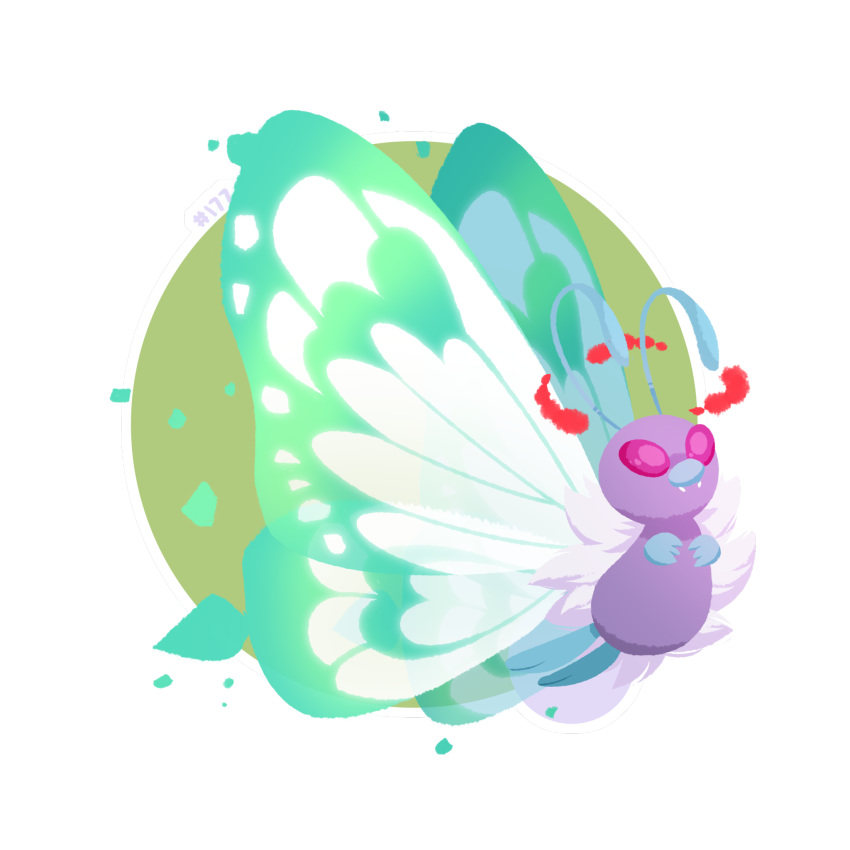 antennae, bug, butterfly, butterfree, creature, english_commentary, flying, full_body, gen_1_pokemon, gigantamax, gigantamax_butterfree, highres, hydroflorix, insect, no_humans, number, pokemon, pokemon_(creature), solo, violet_eyes
