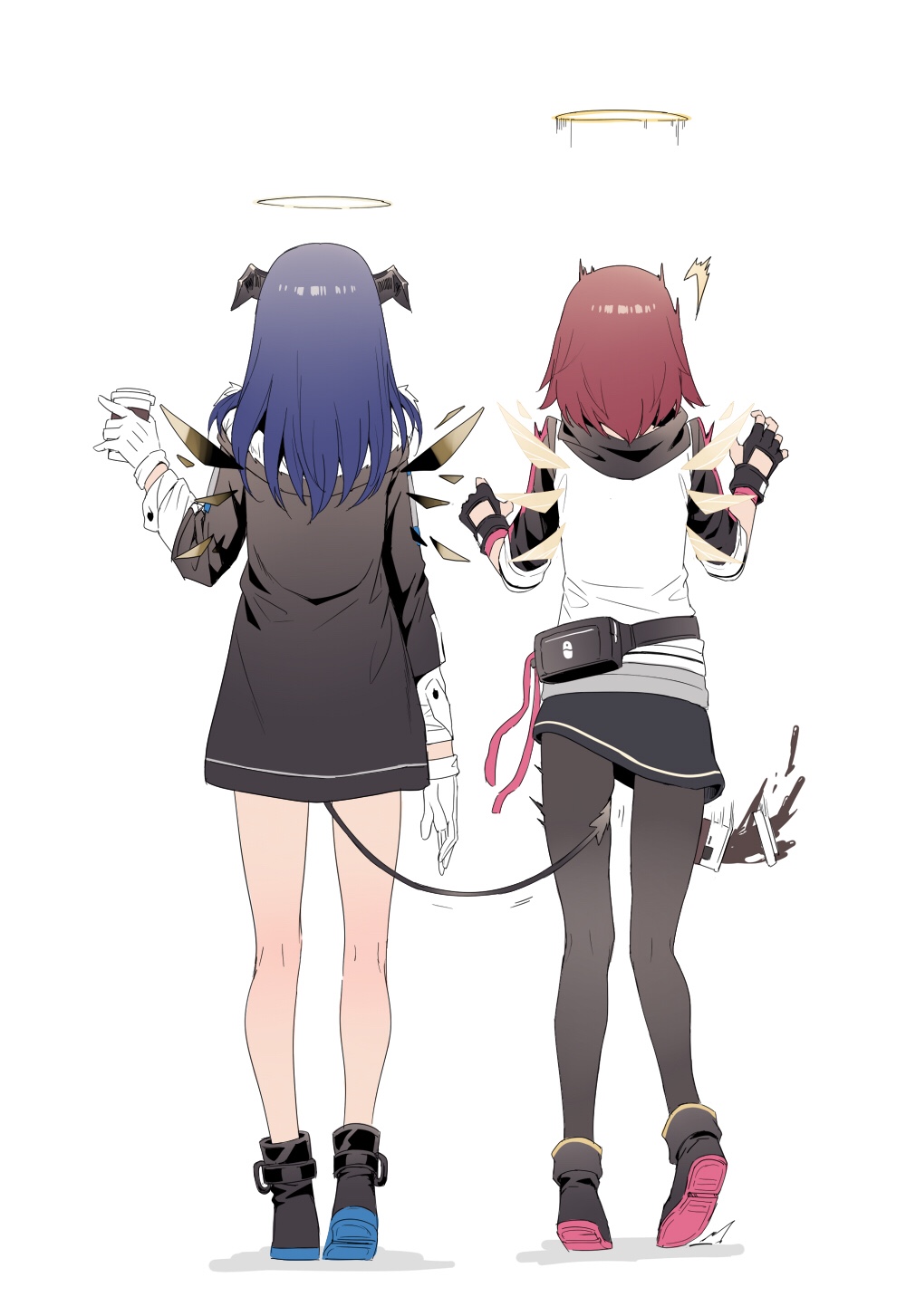 /\/\/\, 2girls, arknights, back, bare_legs, black_footwear, black_gloves, black_jacket