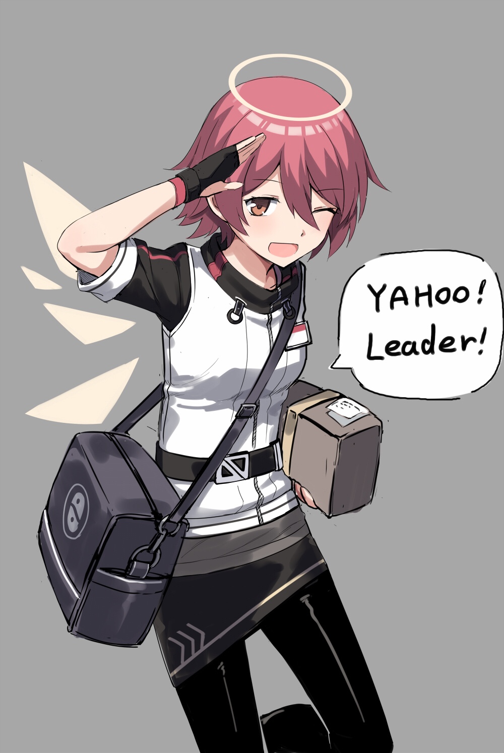 1girl, ;d, arknights, bag, black_gloves, black_legwear, black_skirt, box, breasts, chinese_commentary, cowboy_shot, detached_wings, english_text, exusiai_(arknights), eyebrows_visible_through_hair, fingerless_gloves, gloves, grey_background, hair_between_eyes, halo, highres, jacket, kataokasan, looking_at_viewer, medium_breasts, miniskirt, name_tag, one_eye_closed, open_mouth, orange_eyes, pantyhose, penguin_logistics_logo, redhead, salute, short_hair, shoulder_bag, simple_background, skirt, smile, solo, speech_bubble, white_jacket, wings