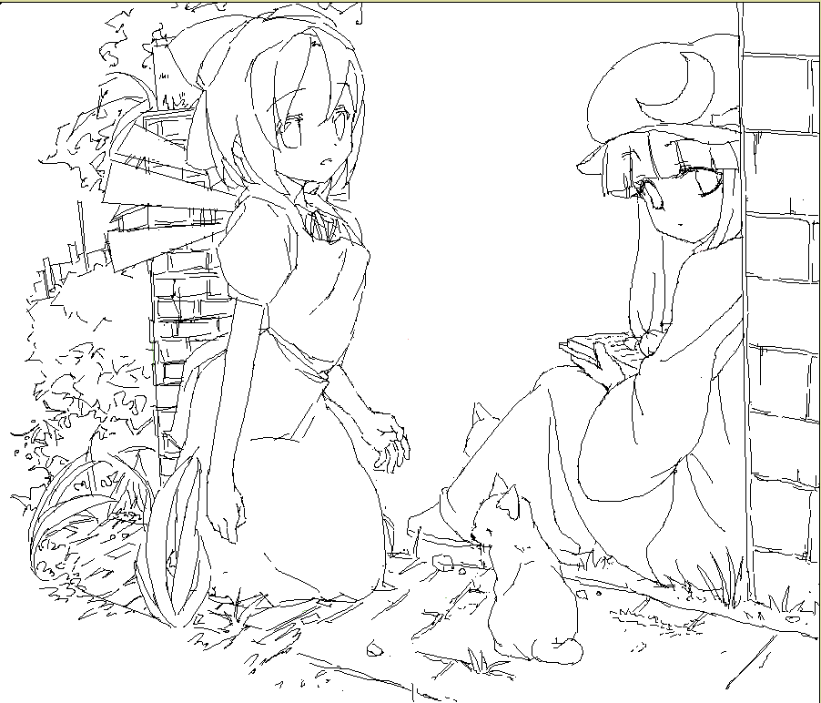 cirno, monochrome, multiple_girls, patchouli_knowledge, shirane_taito, sketch, touhou, ui, ui_(uilog)