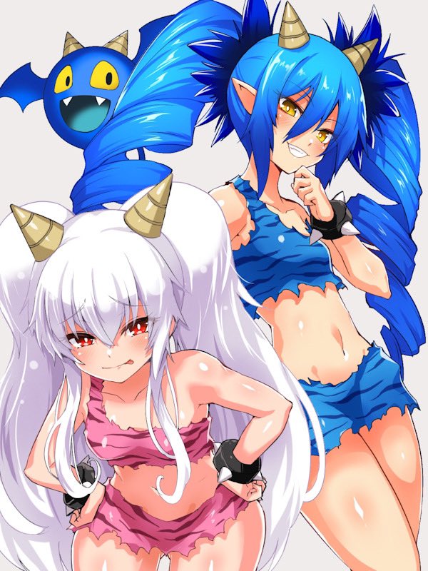 2girls, :p, animal_print, bare_shoulders, blue_hair, bombergirl, bracelet, breasts