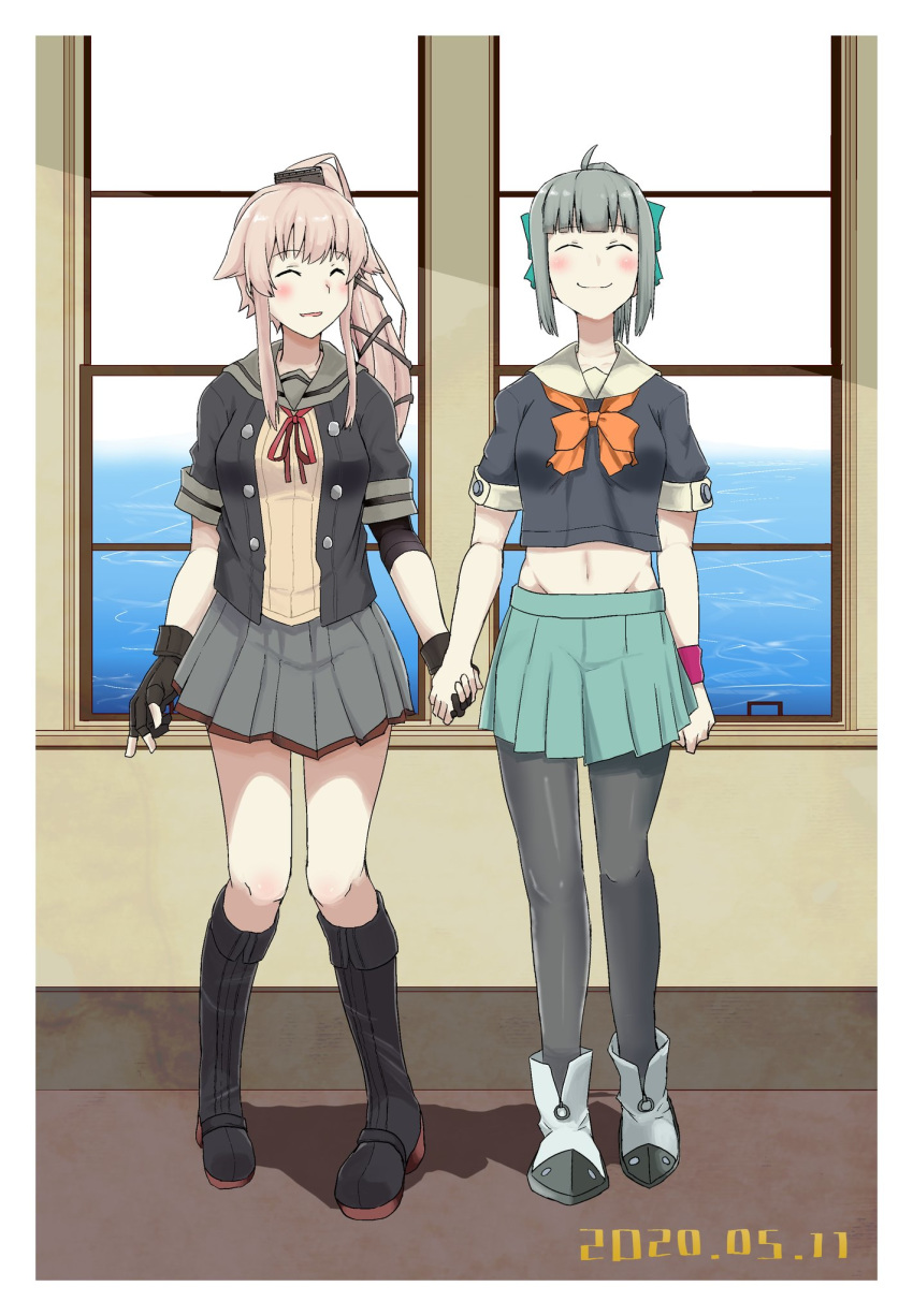 2girls, ahoge, bangs, black_gloves, black_legwear, blush, boots, breasts