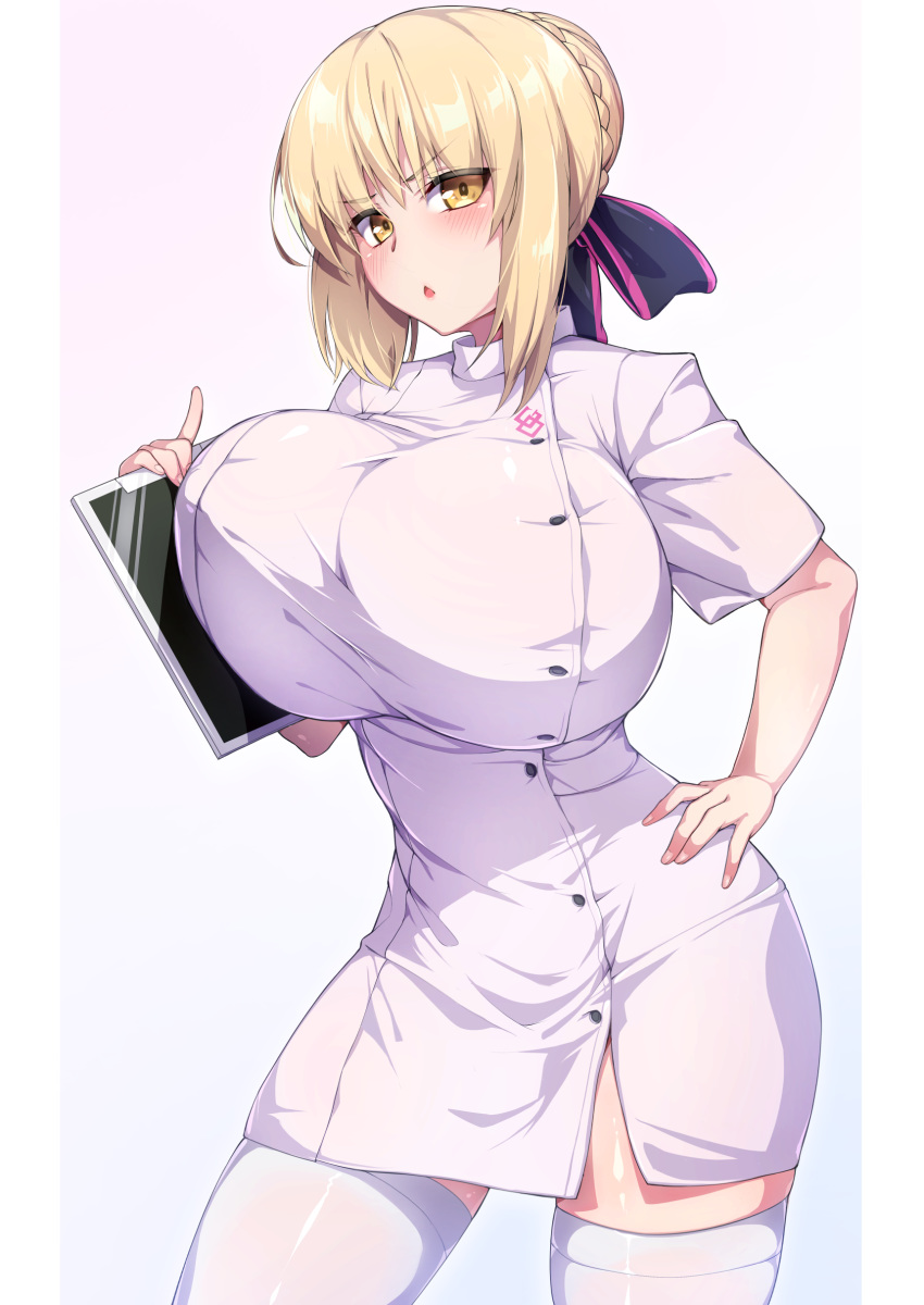 1girl, absurdres, alternate_breast_size, artoria_pendragon_(all), blonde_hair, blush, breasts, clipboard