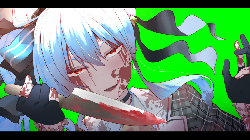1girl, absurdres, ahoge, beret, blood, blood_on_face, bloody_clothes, bloody_knife