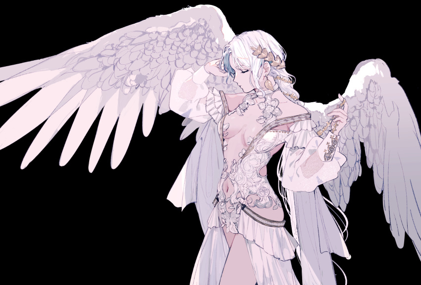 1girl, bare_shoulders, black_background, breasts, center_opening, choker, closed_eyes, commentary_request, cowboy_shot, dress, earrings, feathered_wings, frills, hair_ornament, hair_ornament_removed, hand_up, head_wreath, highres, holding, holly_hair_ornament, jewelry, laurel_crown, leaf_earrings, long_hair, medium_breasts, navel, navel_cutout, nnmy_itp0, off_shoulder, original, profile, puffy_short_sleeves, puffy_sleeves, revealing_clothes, see-through, short_sleeves, simple_background, sleeve_cuffs, solo, spread_wings, standing, very_long_hair, white_dress, white_hair, white_wings, wings