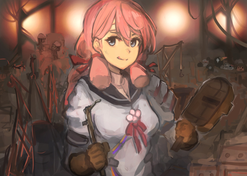 3girls, absurdres, akashi_(kantai_collection), blue_sailor_collar, crane_(machine), failure_penguin, fairy_(kantai_collection), gloves