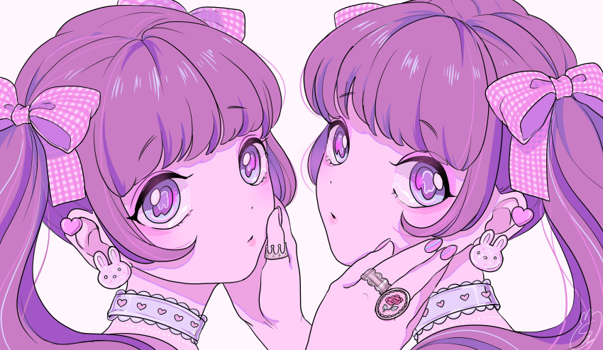 2girls, absurdres, bangs, blunt_bangs, bow, bunny_earrings, checkered, checkered_bow