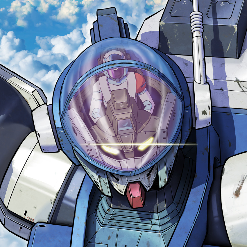 1boy, aoki_ryuusei_spt_layzner, asuka_eiji, camera, clouds, cockpit, glass_cockpit, glowing
