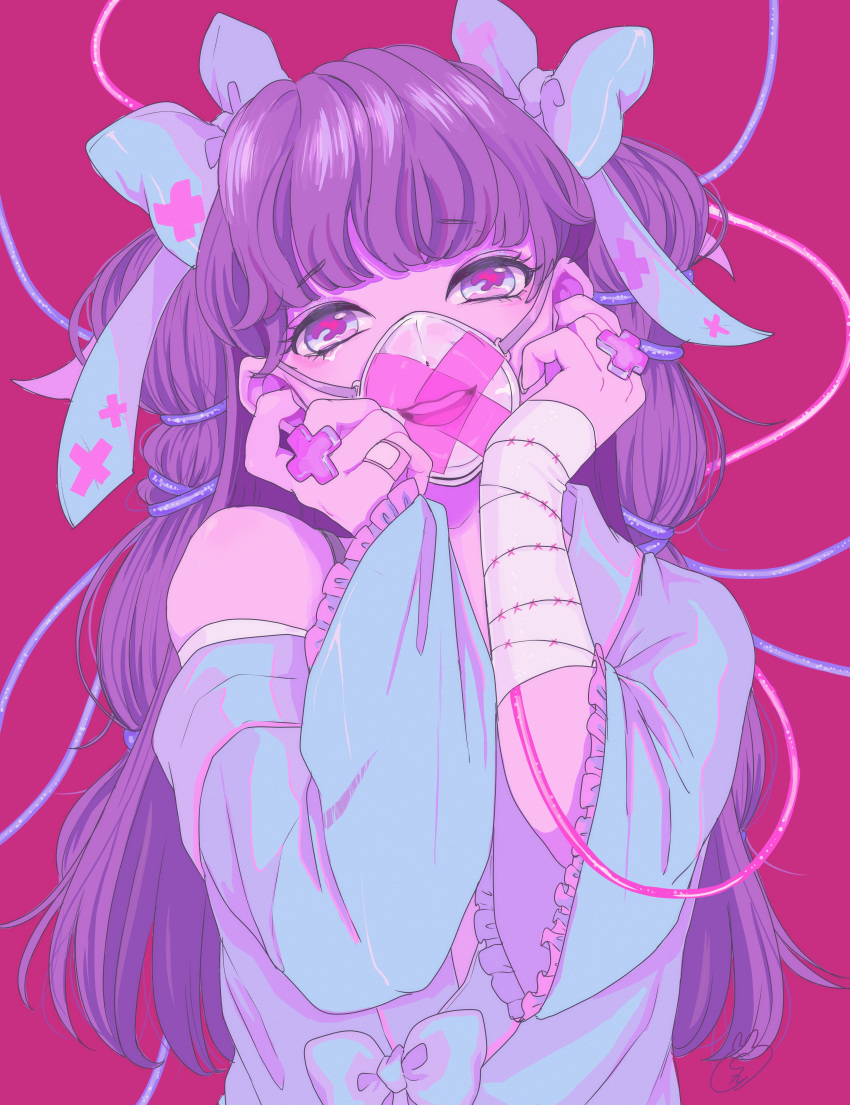 1girl, absurdres, bandages, bandaid, bangs, bare_shoulders, blue_bow, blunt_bangs