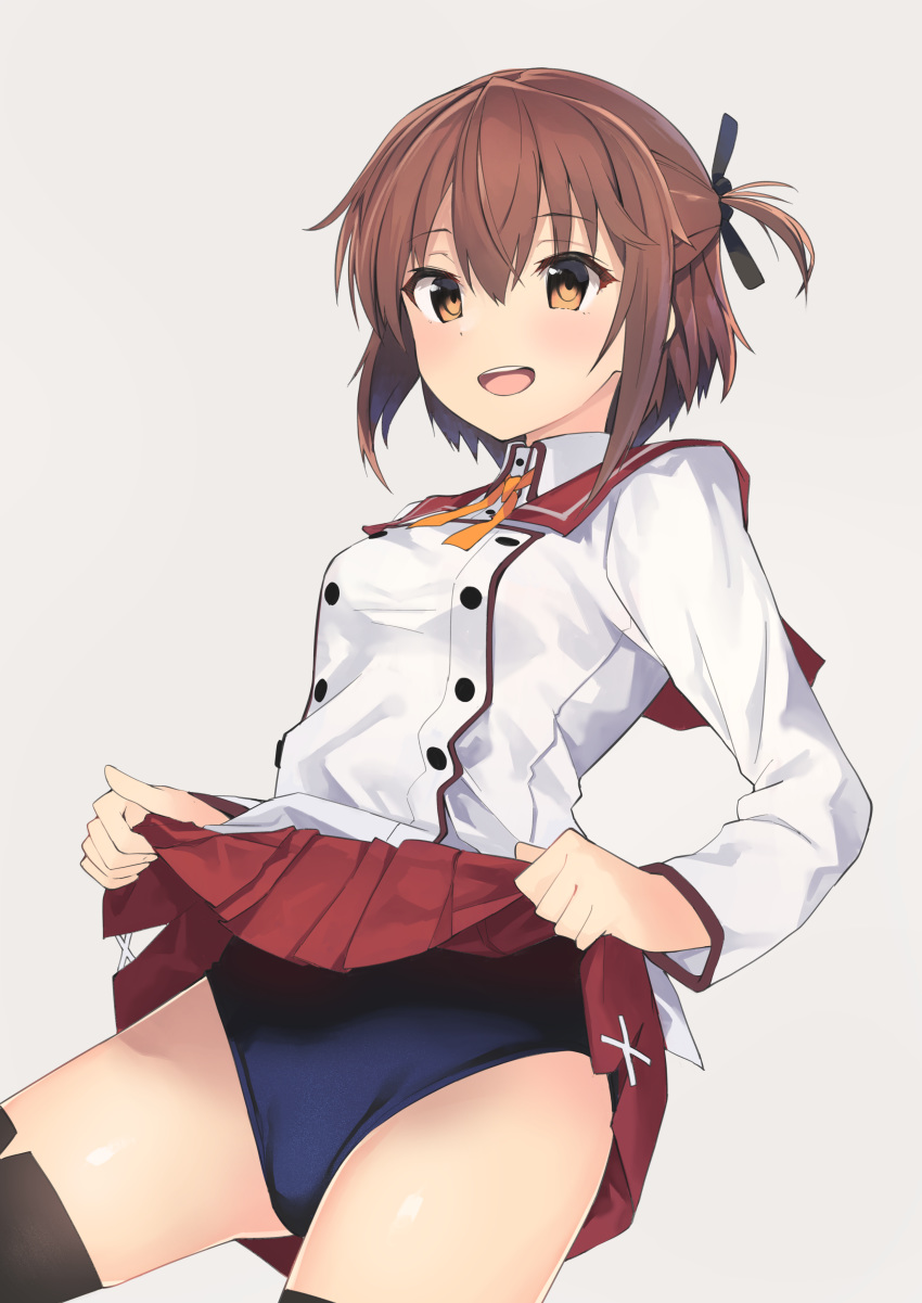 1girl, absurdres, black_legwear, black_ribbon, brown_hair, commentary_request, cowboy_shot, etou_kanami