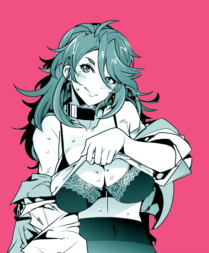 bangs, black_bra, blush, bra, breasts, lace, leggings, long_hair