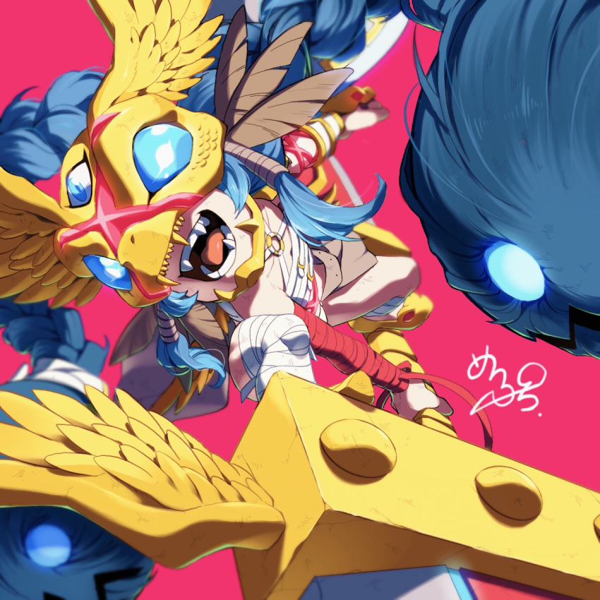 1girl, :d, bandaged_arm, bandaged_leg, bandages, blue_hair, braid, brown_cape