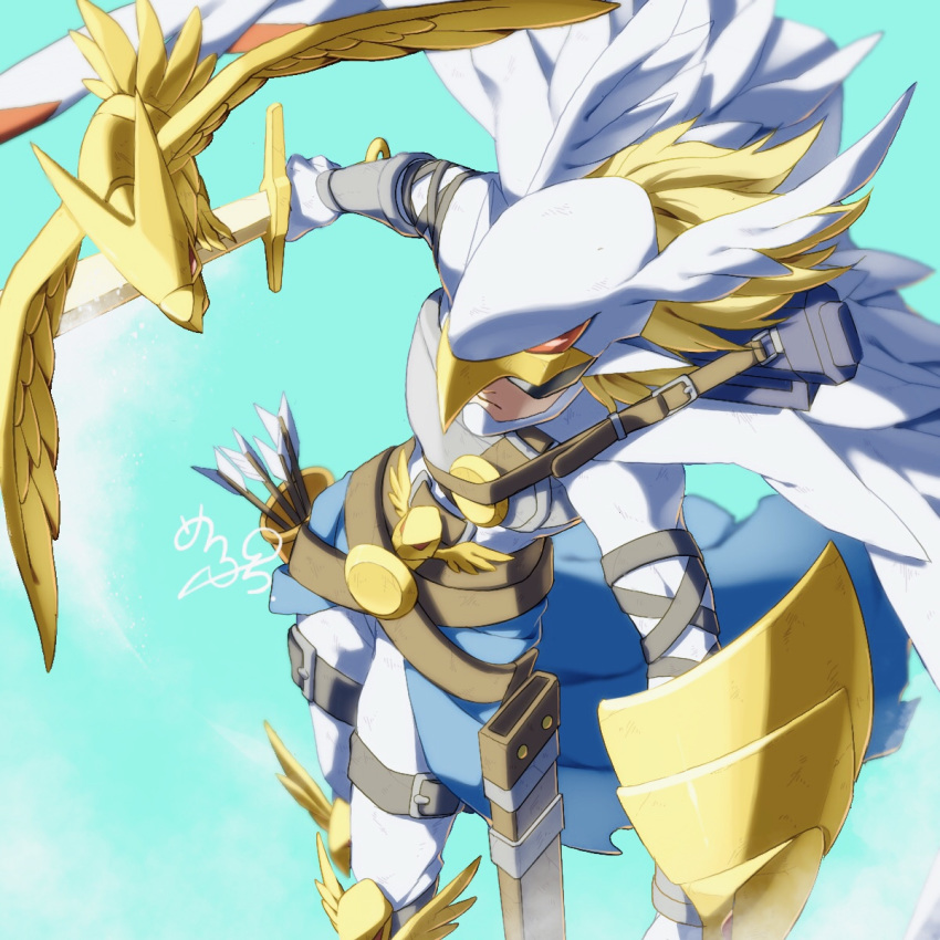 1boy, arrow_(projectile), belt, bird, bird_wings, blonde_hair, blue_background, blue_cape, bodysuit, bow_(weapon), breastplate, cape, closed_mouth, covered_eyes, cowboy_shot, crossbow, digimon, from_above, helmet, highres, holding, holding_sword, holding_weapon, knee_pads, leather_belt, leg_belt, male_focus, maplo, medium_hair, quiver, sheath, shield, signature, simple_background, solo_focus, standing, sword, unsheathed, valkyrimon, visor, waist_cape, weapon, weapon_on_back, white_bodysuit, white_cape, winged_helmet, wings
