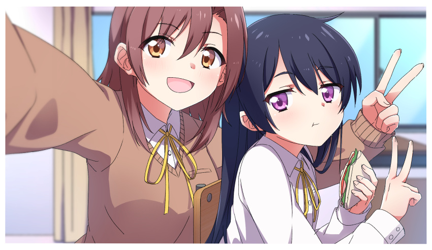 2girls, :d, :t, bangs, black_hair, blurry, blurry_background, blush