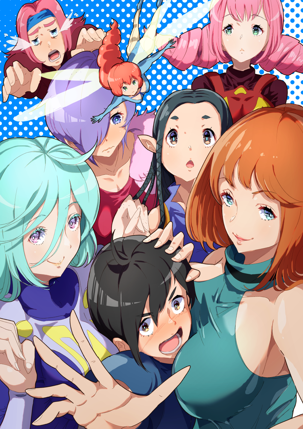 2boys, 5girls, armpit_peek, black_hair, blue_eyes, blue_hair, blue_headband, brown_eyes, cham_fau, ciela_lapana, cowlick, elle_humn, eyebrows_visible_through_hair, fairy, green_eyes, headband, highres, insect_wings, kean_keats, marvel_frozen, multiple_boys, multiple_girls, neal_given, one_eye_covered, pink_hair, pointy_ears, reaching_out, redhead, reml_luft, sakusakusakurai, seisenshi_dunbine, shou_zama, shouting, violet_eyes, wings, younger