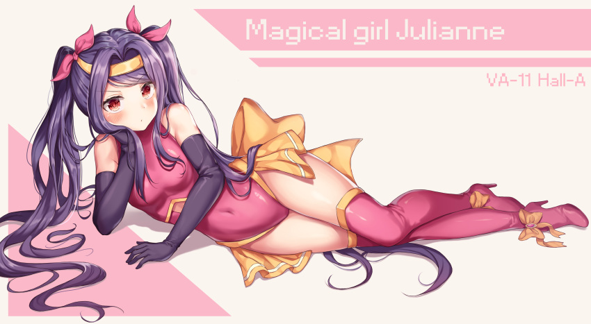 1girl, absurdres, alternate_costume, bangs, bare_shoulders, black_gloves, blush, boots, character_name, copyright_name, cosplay, covered_navel, elbow_gloves, eyebrows_visible_through_hair, girls_frontline, gloves, hair_ribbon, high_heel_boots, high_heels, highres, jill_stingray, leotard, long_hair, looking_at_viewer, lying, magical_girl, model_warrior_julianne, multiple_views, on_side, pink_footwear, pink_ribbon, purple_hair, red_eyes, ribbon, thigh-highs, thigh_boots, twintails, va-11_hall-a, very_long_hair, wabbajack