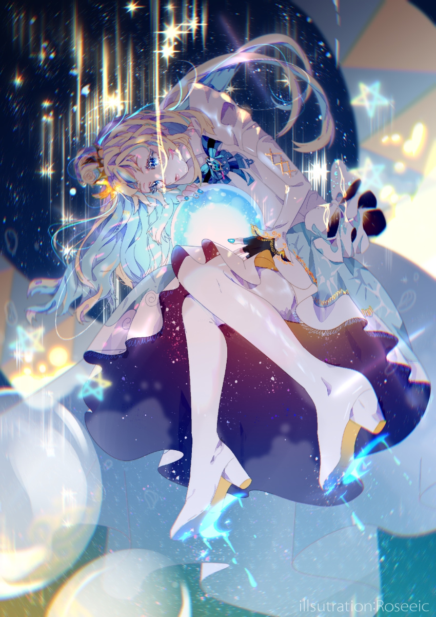 1girl, anaglyph, artist_name, black_gloves, blonde_hair, blue_eyes, blue_hair, blue_nails