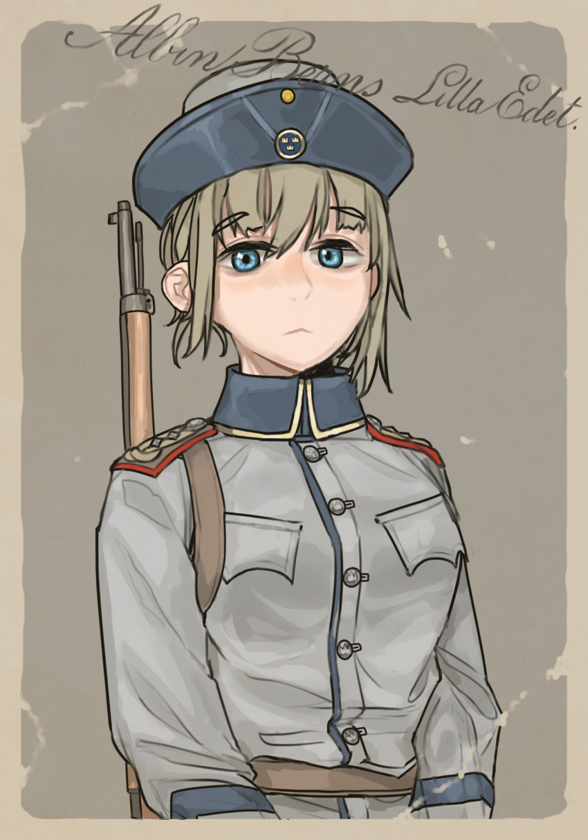 1girl, blue_eyes, breast_pocket, brown_hair, closed_mouth, expressionless, eyebrows_visible_through_hair, gun
