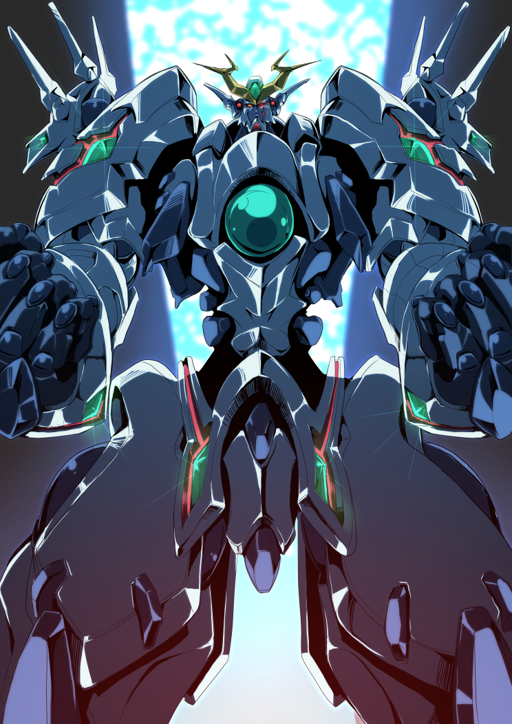 clenched_hands, from_below, glowing, glowing_eye, light_beam, looking_ahead, mecha, ordian