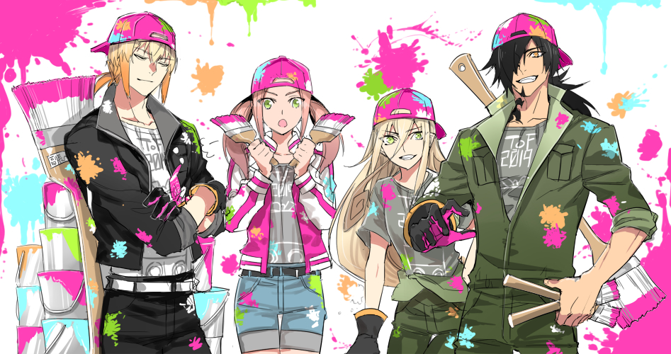 2boys, 2girls, aonagi_(a-lot-of), asymmetrical_gloves, baseball_cap, belt, black_belt, black_gloves