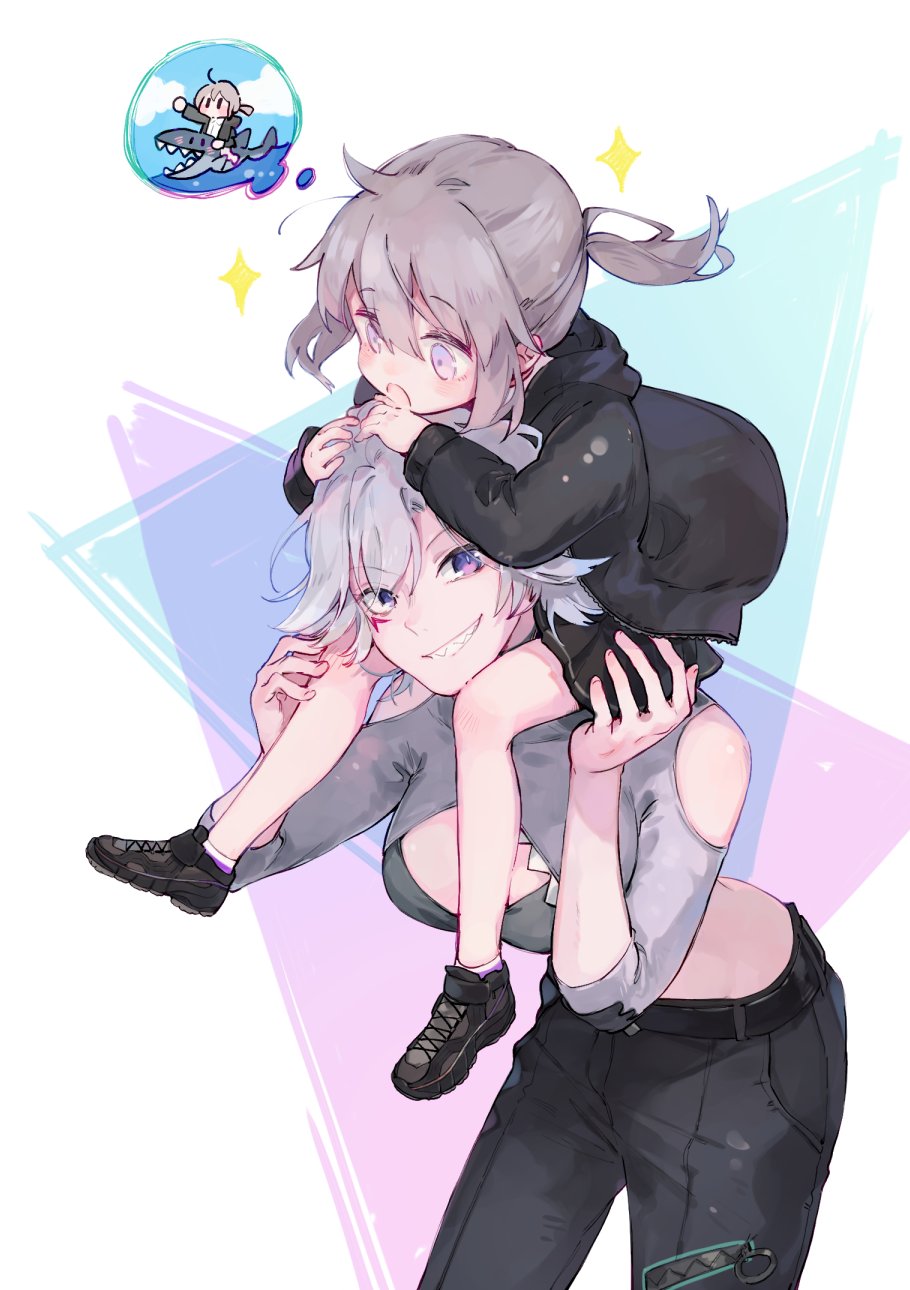 2girls, ahoge, bangs, carrying, girls_frontline, hands_on_another's_head, highres, lavender_eyes
